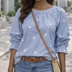 J. Crew Light Blue Blouse with White Floral Accents